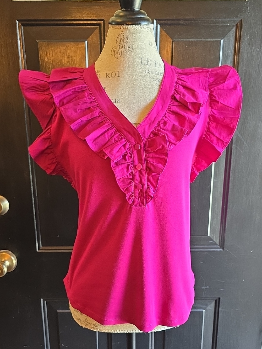 Women's Ralph Lauren Ruffled V-Neck Top in Fuchsia